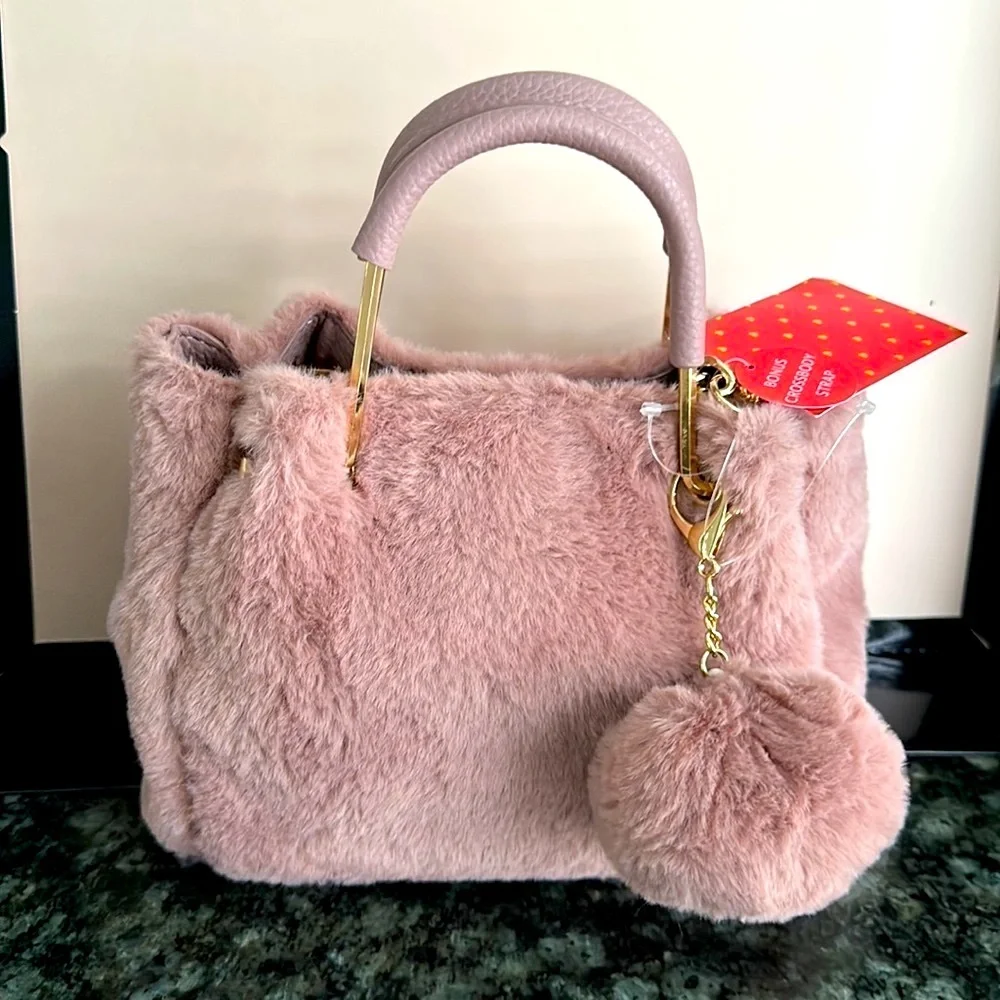 Plush Faux Fur Top-Handle Crossbody Bag - Pink
